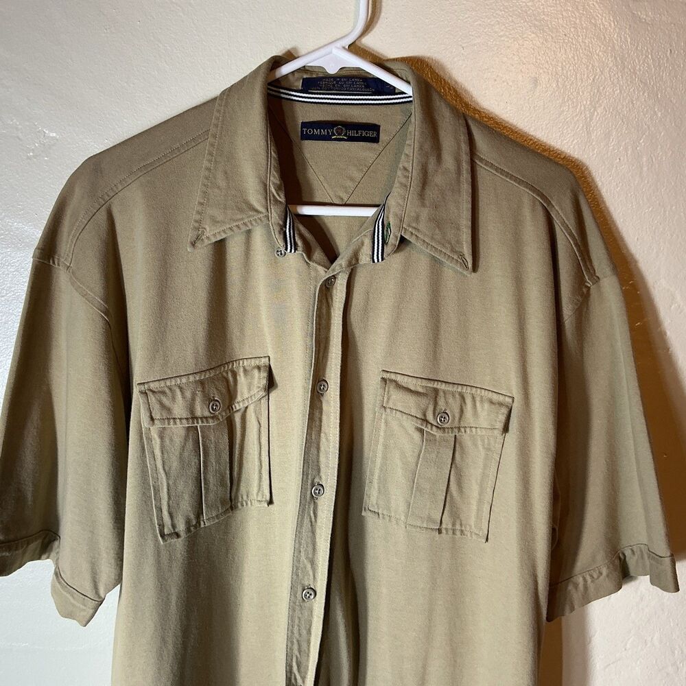 Tommy Hilfiger XL Men’s Tan Safari Polo Shirt Combed Cotton Button Up Short Sl